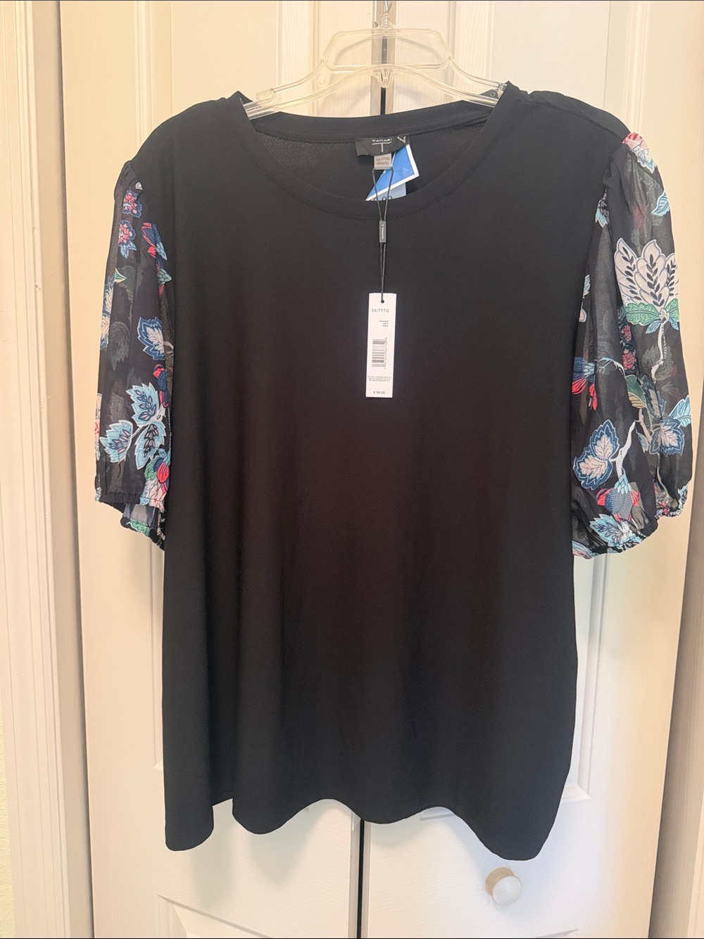 Tahari Black Top with Floral Puff Sleeves in Blue and Pink 3XL